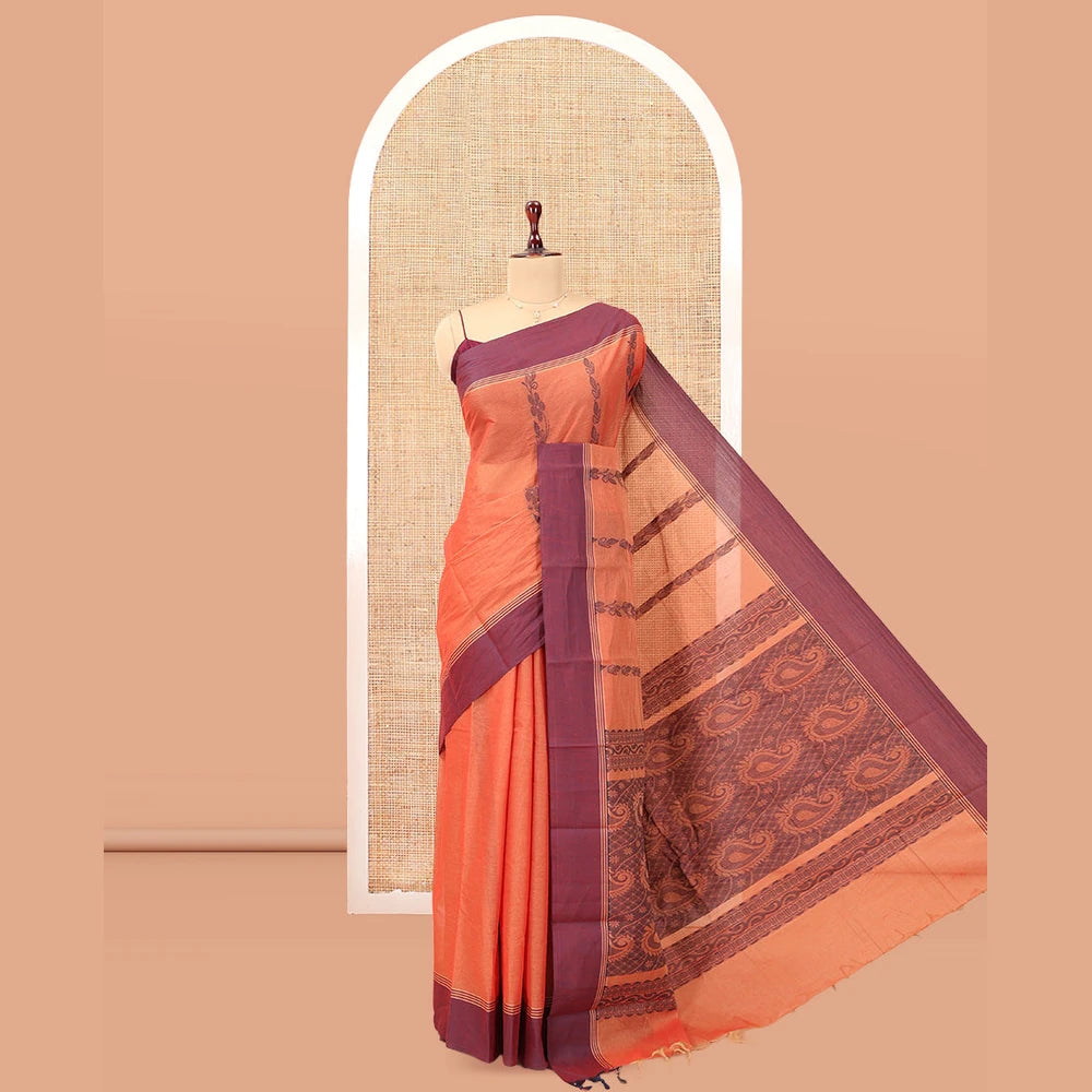 Pothys Orange Kanchi Cotton Saree, Woven with Floral Designs, a Contrast Border, Paisley Pallu, and a Matching Blouse